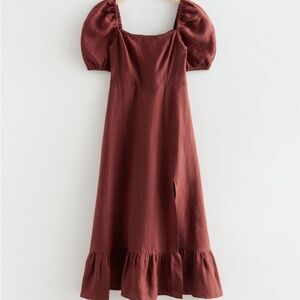 & Other Stories Rust Red Square-Neck Puff Sleeve Midi Dress